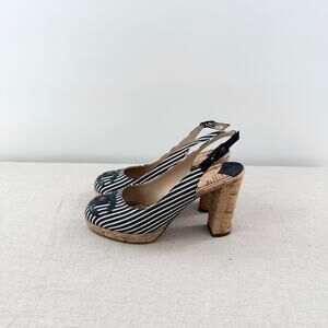 Chanel Stripe Canvas CC Logo Cork Sling Back Sandals Black White Women's EU 36